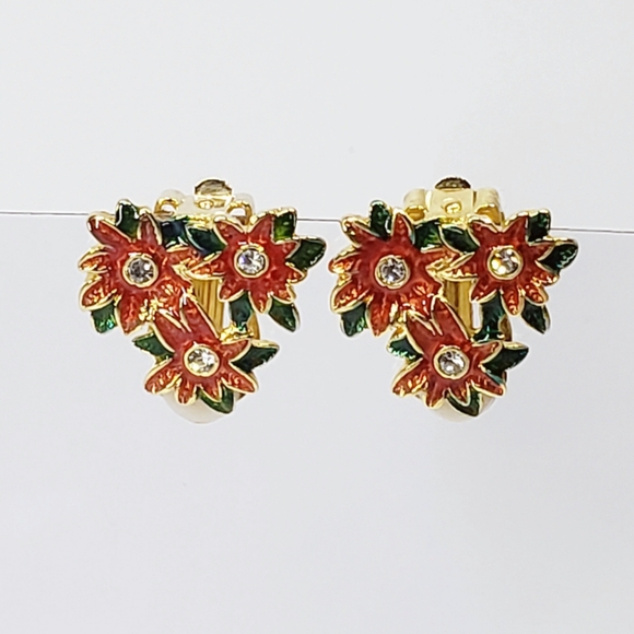 Christopher Radko 3 Trio Poinsettia Bunch Clip On Earrings - Picture 2 of 7